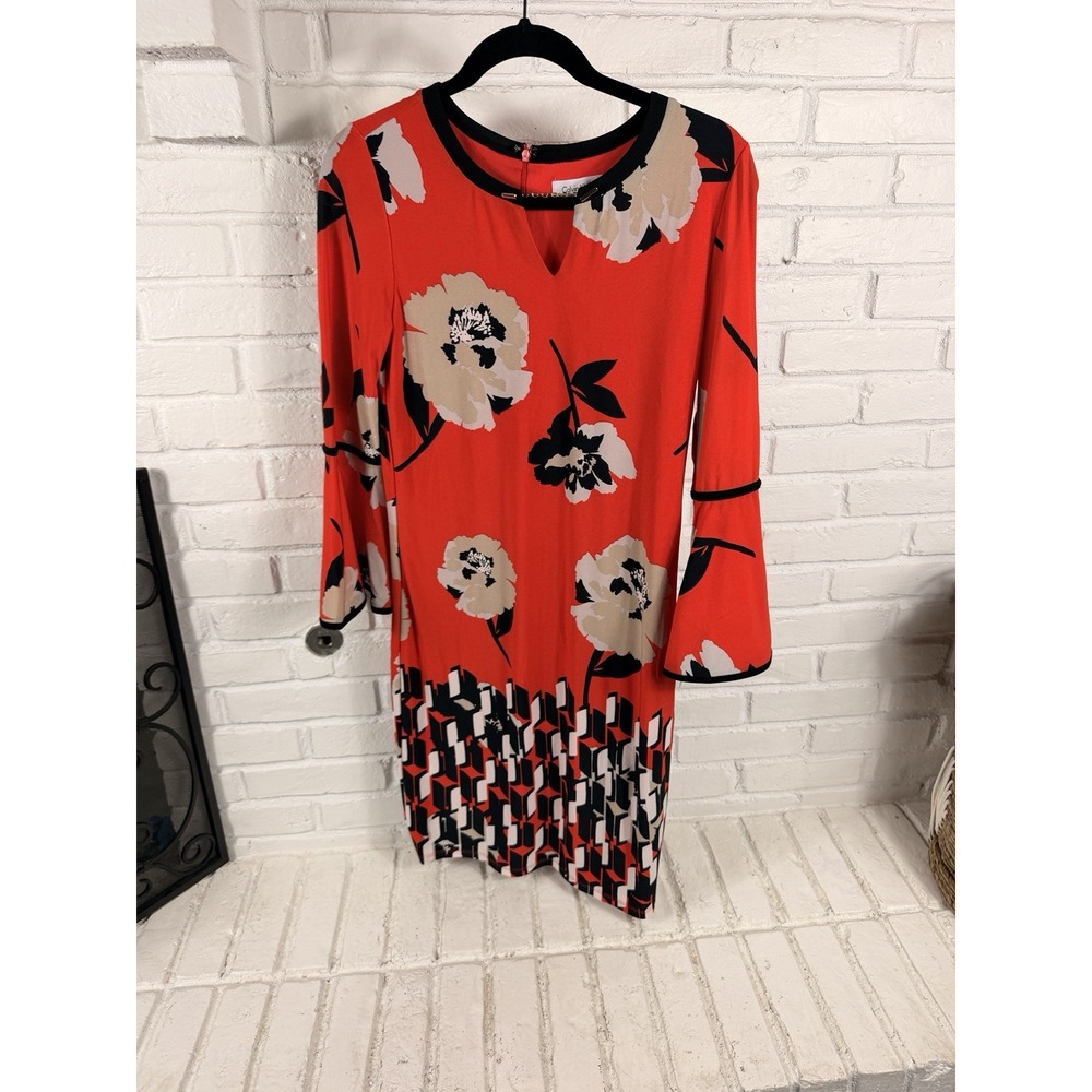 Calvin Klein Womens S Red Floral Bell Sleeve Sheath Dress Gold Chain Border